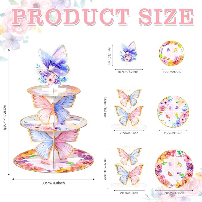 Butterfly Cupcake Stand,3 Tier Cupcake Tower,Butterfly Decorations with Floral Crown for Birthday Wedding Baby Shower Party Supplies Pink Purple Butterfly Dessert Cake Tower Stand