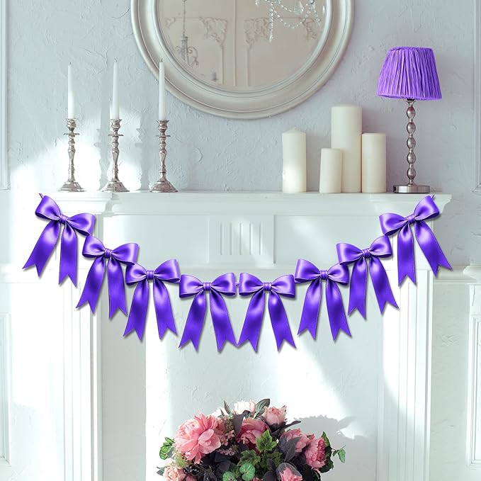 2 Strings of 16PCS Purple Bow Garlands Banner Decoration,Pre-Strung Satin Ribbon Ornaments for Birthday,Bachelorette Party,Bridal Shower,Wedding,Engagement,Baby Shower,Graduation Decor,Anniversary