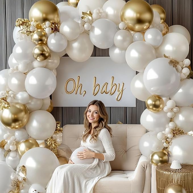 White and Gold Balloons Arch Kit - 129 pcs Double Stuffed Pearl White Sand Beige Ivory Chrome Gold Bobo Balloons for Wedding Birthday Party Decorations