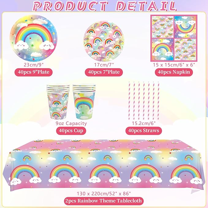 Rainbow Party Decoration - Rainbow Birthday Party Tableware Supplies Includes Plates, Cups, Napkins, Tablecloth, Straws (40)