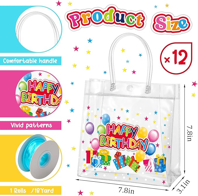 Henoyso 12 Pcs Clear Happy Birthday Gift Bags Plastic Goodie Candy Treat Bags PVC Party Favor Totes with Handles 7.8 x 7.8 x 3.1 Gift Wrap Totes