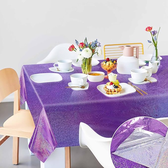 2 Pack Light Purple Iridescent Plastic Tablecloth Disposable 54 × 108 Inch Glitter Holographic Foil Table Cloth Plastic Laser Rectangle Table Cover for Birthday Wedding Disco Party