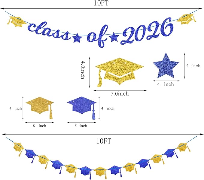 Navy-Blue White-Gold Party-Decorations Graduation Banner - 8pcs Kits Class of 2026 Cap Garland Streamers, Paper Tissue Pom Poms Flowers, Congratulations Grad Decor Lasting Surprise