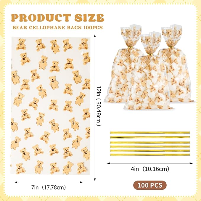 Docvania Clear Bear Cellophane Treat Bags Plastic Gift Bag 100 pcs 7 X 12 Clear Bear Cookie Bags with Ties Goodie Candy Bag Suitable for Mother's Day, Valentine's Day, and Holiday Parties