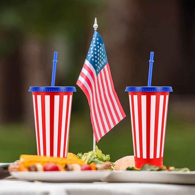 Baderke 24 Pcs 4th of July Plastic Cups Red 24 oz White and Blue Plastic Cups with Lids and Sleeves Stars Stripes Design Drinking Tumbler for Patriotic Memorial Day Reusable Fourth Decor for Party