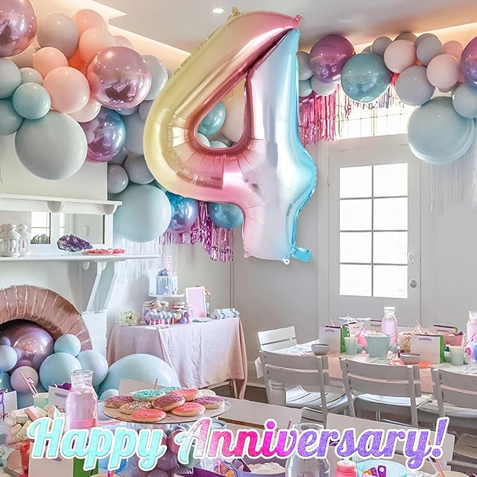 Rainbow Gradient Number 4 Balloon, 40 Inch Big Large Foil Number Balloons, Jumbo Mylar Number 4 Balloons for 4 Year Old Birthday Party Decorations Supplies Anniversary Celebration