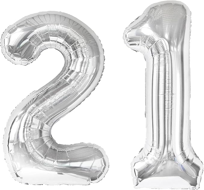 40 Inch Silver Number 21 Digital Balloon,Jumbo Mylar Foil Helium Balloon for 21 Balloons for Birthday Party,Wedding Anniversary Party Decorations