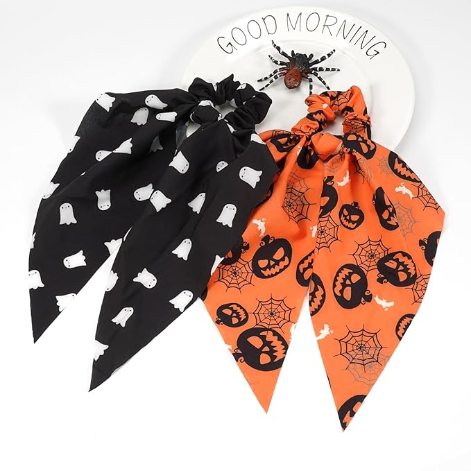 Halloween Hair Ties for Woman Girls Ghost Pumpkin Bat Hair Scrunchies Spooky Spider Web Elastic Ribbon Bow Hair Tie Halloween Party Supplies Hair Accessories 2PCS