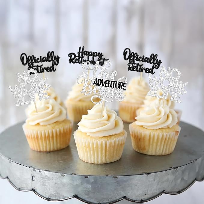24Pcs Happy Retirement Cupcake Toppers Officially Retired Cake Toppers No Work Zone Adventure Begins Cupcake Picks Retirement Theme Farewell Birthday Party Decorations Supplies Silver