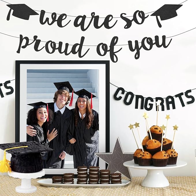 2026 Graduation Decorations Pre-Strung Blingbling We Are So Proud of You Banner Glitter Graduation Garland for Class of 2026 High School College Grad Party (Black)