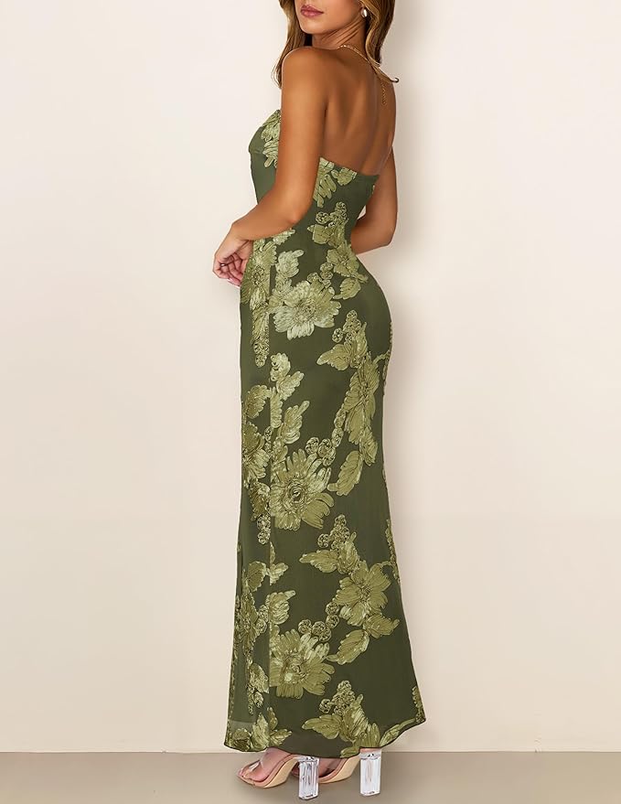 MEROKEETY Women's Floral Strapless Maxi Dress 2026 Summer Mesh Tube Bodycon Formal Wedding Guest Cocktail Party Long Dresses