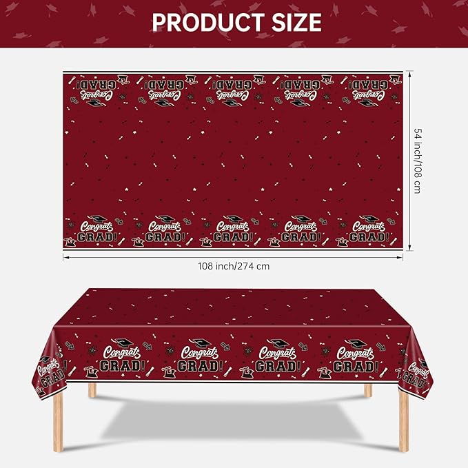2 Pack Graduation Tablecloth - Congrats Grad Table Cloths, Plastic Disposable Rectangle Maroon Class of 2026 Table Cover for Graduation Tables Decorations Party Decor Supplies Favors,108 x 54 Inch