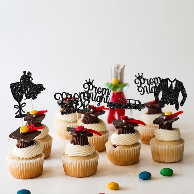Gyufise 24Pcs Prom Cupcake Topper Prom Decorations for Party 2026 Graduation Cupcake Topper 2026 Graduation Decorations Black