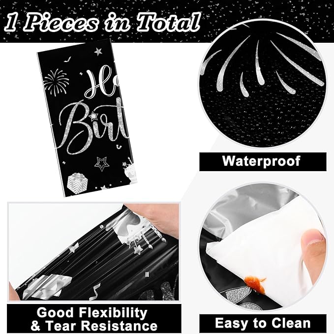 Tudomro 1 Pcs Happy Birthday Tablecloths Happy Birthday Party Decorations Plastic Table Cover Rectangular Cloths for Women Men Baby Shower Party Supplies, 108 x 54 Inch (Black Silver)
