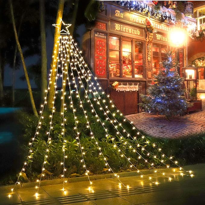Christmas Decoration Star Lights Outdoor, 320 LED 16.4Ft Christmas Tree Toppers String Lights [8 Modes& Waterproof] for Halloween Christmas New Year Holiday Birthday (Iron-Warm White)