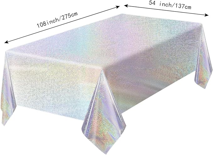 1 Pack Silver Iridescent Plastic Tablecloth Disposable 54 × 108 Inch Glitter Holographic Foil Table Cloth Plastic Laser Rectangle Table Cover for Birthday Wedding Disco Party