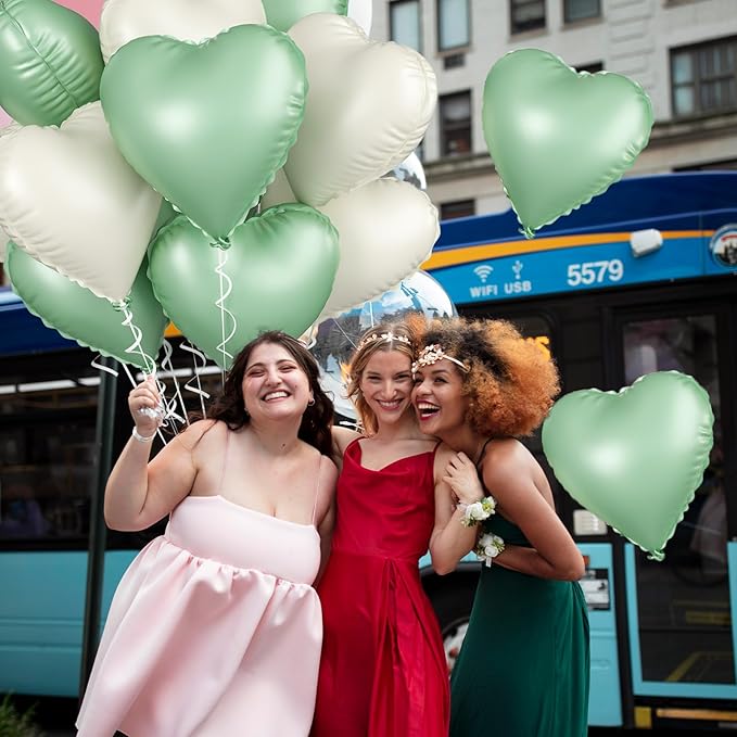 Sage Green White Heart Balloons, 10PCS Green Beige Foil Heart Balloons, 18inch Olive Green Cream White Heart Shape Balloons for Neutral Jungle Birthday Baby Shower Valentines Wedding Party Decorations