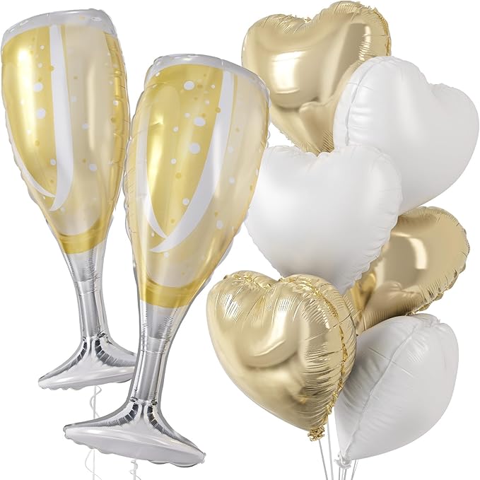 Champagne Balloons, Engagement Party Balloons with Champagne Bottle Glass Foil Mylar Balloon Gold White Heart Shaped Balloon for Wedding Anniversary Bachelorette Birthday Bridal Shower Decorations