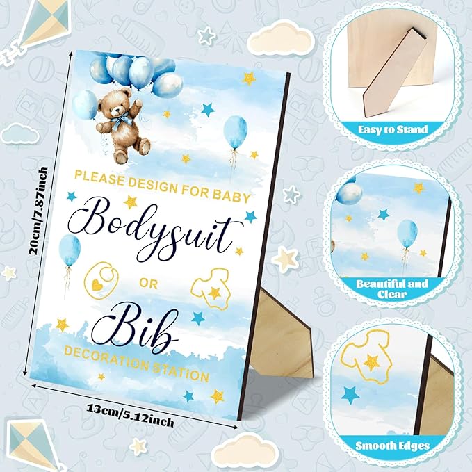 201 Pcs Baby Shower Set Baby Shower Game Sign Baby Bib Bodysuit White Baby Bib Newborn Bodysuit Baby Shower White Decorating Kit(New Blue Bear)