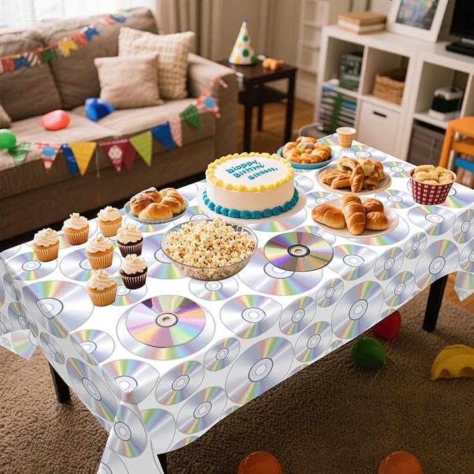 4 Pieces 90s Theme Party Tablecloth Decorations, Retro CD Music Table Cover, 1990's Supplies, Back to The 90's Party Tablecovers for Birthday, 51 x 86.5 Inch