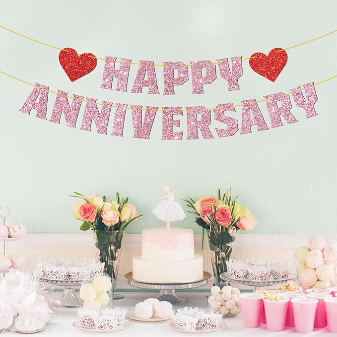 Happy Anniversary Banner Pink Glitter 10th 20th 30th Wedding Birthday Anniversary Party Decorations Supplies We Still Do