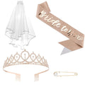 CIEHER Crystal Crown + Bride to Be Sash + Bridal Veil Set, Bachelorette Party Decorations - Rose Gold