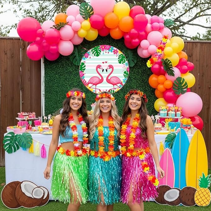 Summer Tropical Balloon Arch Kit Hot pink yellow orange Balloon Luau palm leaves Hawaiian leis backdrop For Baby Shower Island Beach Flamingo Pool Parties Tiki Aloha Birthday Party Decorations