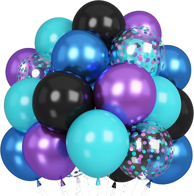 60 Pcs Black Purple Blue Balloons, Metallic Blue Purple Black Teal Confetti Latex Party Helium Balloons for Kids Boys Video Game Baby Shower Gaming Engagement Graduation Birthday Party Decorations