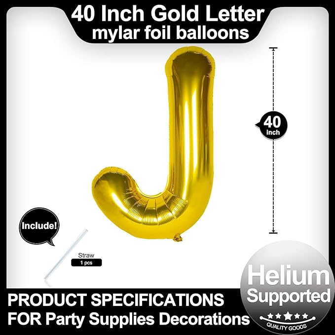 40 Inch Gold Letter J Balloons, DIY Phrase Foil Alphabet Letter J Balloons DIY Word J Banner for Birthday Anniversary Celebration Graduation Party Supplies Decoration