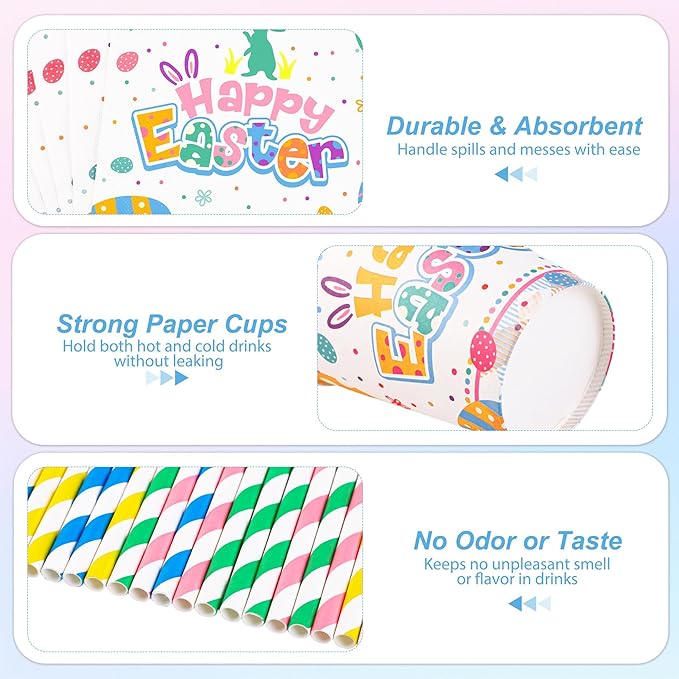 Kochorie 194 Pieces Happy Easter Tableware Set Colorful Easter Bunny Egg Dinnerware Includes Paper Plates Cups Napkins Straws Plastic Cutlery Tablecloths for Spring Birthday Party Supplies, Serves 24
