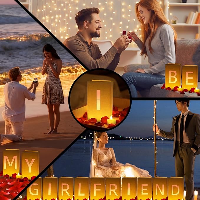 Be My Girlfriend Light Up Letters, Include Light up Letters, with Tea Lights Candles, Latex Balloons, Aluminum Balloons and Rose Petals, Anniversary and Valentines' Day Decorations for Women
