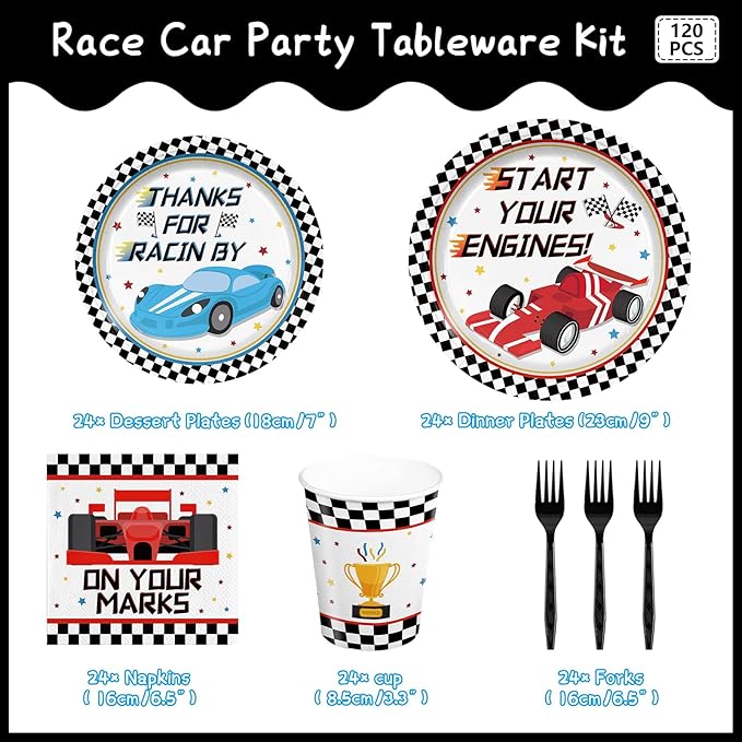 120pcs Racing Car Party Plates Napkins Checked Race Car Birthday Supplies Boys Kids Disposable Tableware Set Paper Cups Forks for Race Car Theme Party Decorations,24 Guests