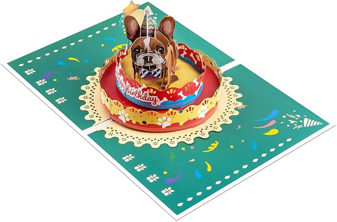 French Bulldog Pop Up Happy Birthday Greeting Card, ideal love Gift for Adult and Kid with Blank Note & Envelope, Foldable Celebration for Daughter, Son, Mom, Dad, Friend, Children