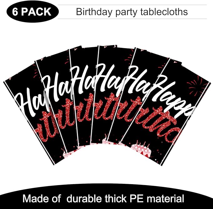 Breling Birthday Party Supplies Confetti Sprinkles Happy Birthday Tablecloths Starry Table Covers for Party Decorations, 54 x 108 Inches(Red and Silver,6 Pack)