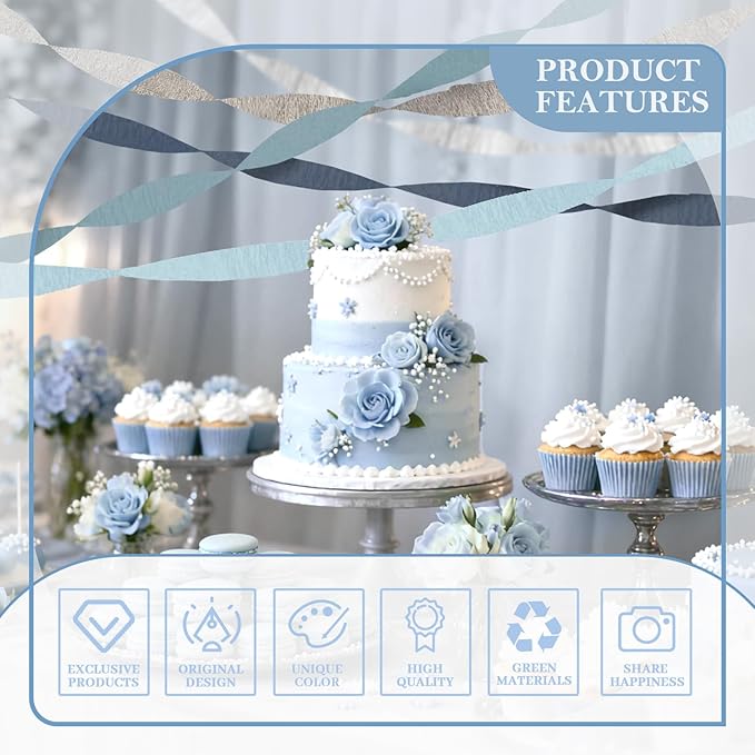 NICROLANDEE 5 Rolls Dusty Blue Grey Silver Crepe Paper Streamers for Wedding Decorations, Paper Garland Decoration for Something Blue Bridal Shower, Birthday, Bachelorette, Baby Shower Backdrop