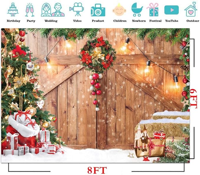 CYLYH 8x6FT Christmas Backdrop for Photography Winter Christmas Rustic Barn Wood Door Photography Backdrop Xmas Tree Snow Gifts Decor Background Banner for Family Holiday Party Supplies D554