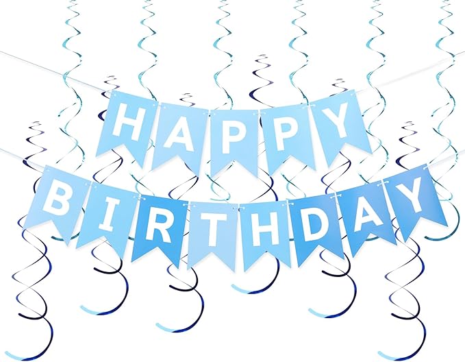 Multi Blue Happy Birthday Banner, Birthday Decorations with Metallic Hanging Swirl, Sign for Backdrop Party Decor, Bunting Banner for Men Women, Birthday Supplies for Boys Girls