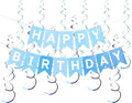Multi Blue Happy Birthday Banner, Birthday Decorations with Metallic Hanging Swirl, Sign for Backdrop Party Decor, Bunting Banner for Men Women, Birthday Supplies for Boys Girls