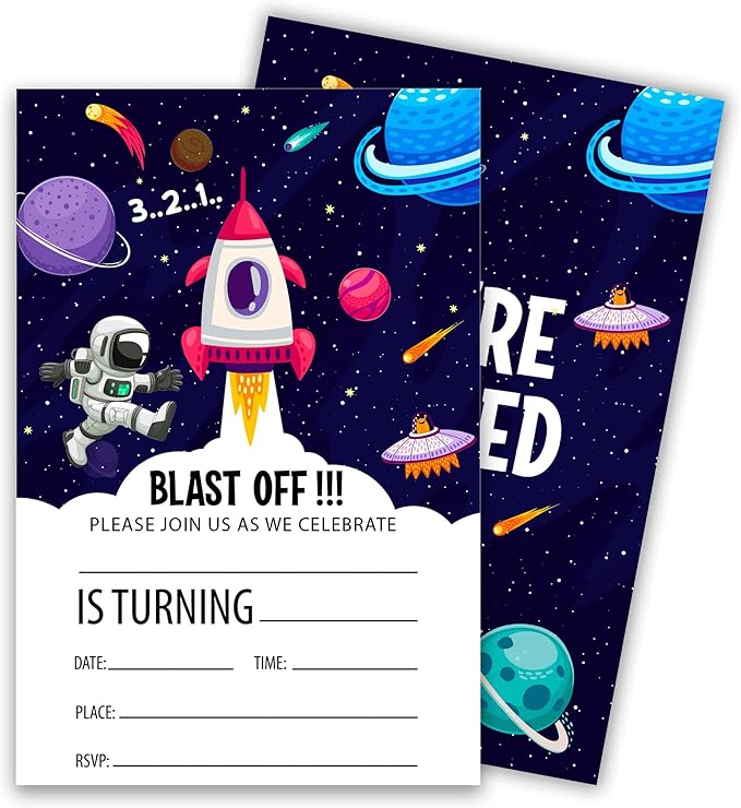 Outer Space Birthday Party Invitations, Planets Rocket Ship Astronaut Invitation Cards with Envelopes, Fits for Boys Girls Teen, Set of 20 Double Sided Printed & Fill In Blank-4 x 6, Party Supplies