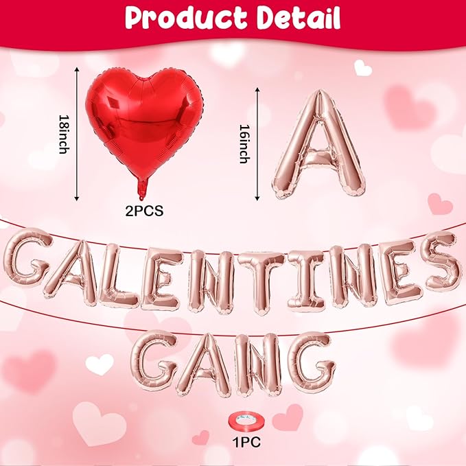 Galentines Day Balloons Banner, 16 Inch Rose Gold Galentines Gang Letters Balloons Decorations 18 Inch Red Heart Foil Mylar Balloon for Women Girls Ladies Galentine's Valentines Day Party Decoration