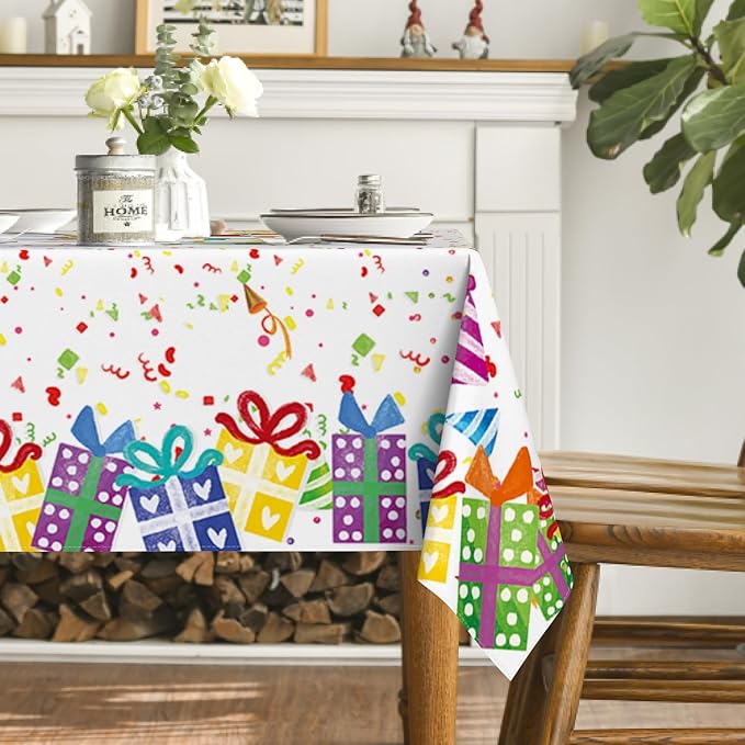 Horaldaily Birthday Tablecloth 60x104 Inch Rectangular, Happy Birthday Ballon White Washable Seasonal Table Cover for Party Picnic Dinner Decor