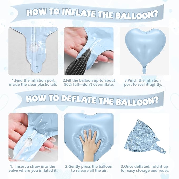 Baby Blue Heart Balloons, 10 Pcs Pastel Light Blue and White Heart Shaped Balloon, 18 Inch Cream Sand White Foil Balloons for Boys Men Brithday Bridal Baby Shower Wedding Valentines Party Decoration