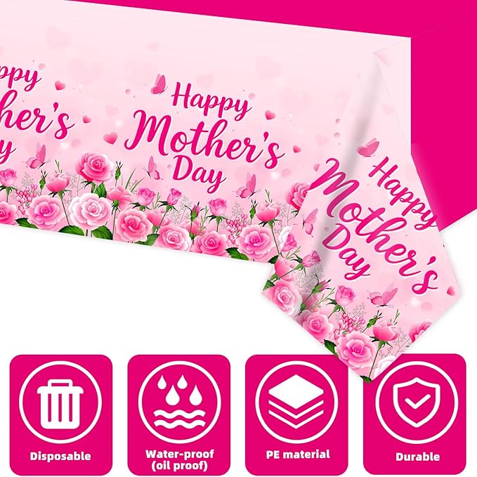 3-Pack Mother's Day Tablecloth, Mothers Day Party Decorations, 54" x 108" Pink Flowers Plastic Disposable Table Covers,Mother's Day Party Supplies