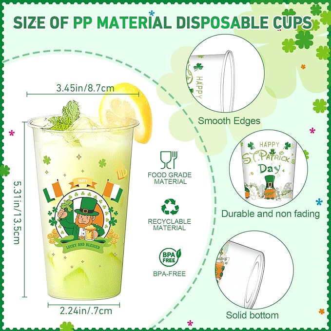 St. Patrick's Day Disposable Cup 50 Pcs 16 oz Irish Festival Plastic Cups. St. Patrick's Day Lucky Shamrock Green Plastic Disposable Cup. St Patty's Day Party Decor Supplies for Beer Beverage
