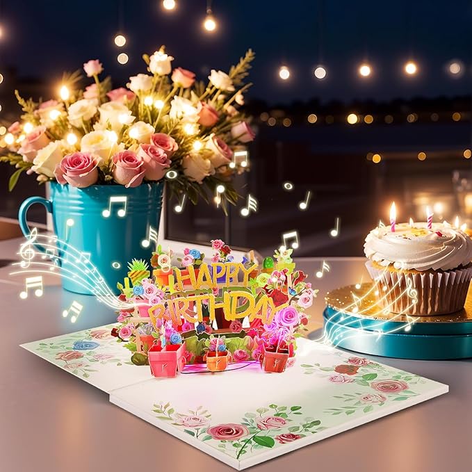 3D Musical Birthday Card for Women, Light & Music Flower Birthday Cards Pop Up for Mom, Happy Birthday Greeting Cards for Wife Grandma
