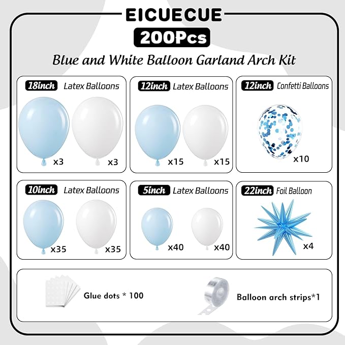 Blue and White Balloons Garland Arch Kit with Stars 200Pcs - 5 10 12 18 22 inch Balloon and Confetti Balloons for Baby Shower Gender Reveal Boy Birthday Anniversary Wedding Party Decorations