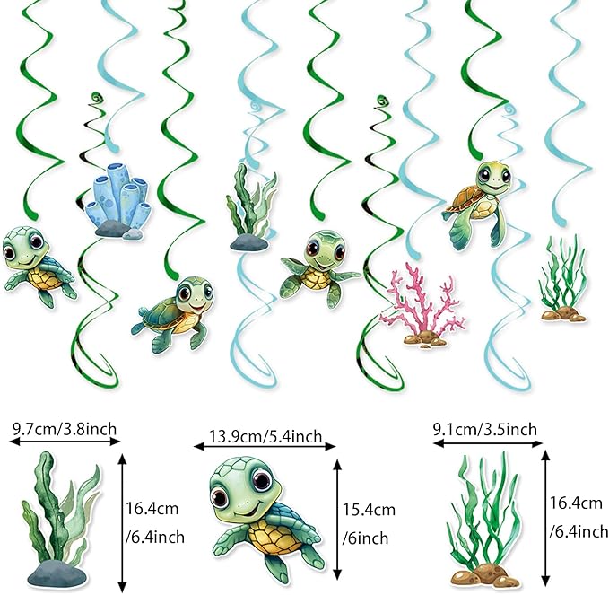 Zwiebeco Sea Turtle Happy Birthday Party Decoration Banner Bunting Garland Hanging Paper Swirls Kit for Ocean Animals Marine Organism Themed Boys Girls Kids Baby Shower Accessories Supplies