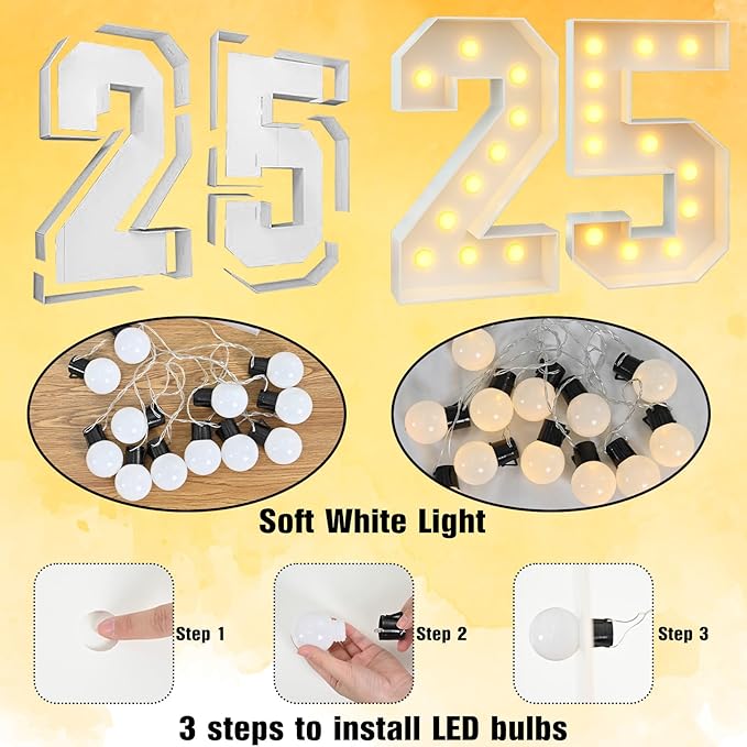4ft Light Up Numbers 25 Number with Lights Bulbs White Marquee Frame Slots-in for 25th Birthday Party Decorations Pre-Cut Mosaic Cardboard Large Cut-Out Thick Foam Board 25 Sign Graduation New Year