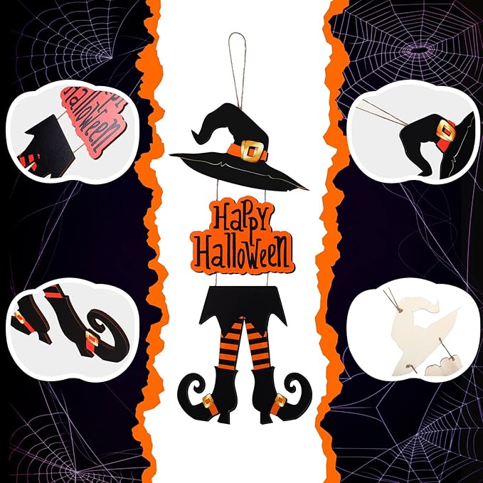 Yerliker Halloween Happy Sign Decoration Witch Legs Hat Hanging Wooden Wall Decor Version Rustic Front Door Hanger Fall Art Ornament for Home Room Indoor Outdoor Holiday Party(Orange)