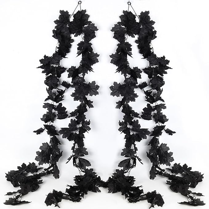 Halloween Garland Decor Indoor Table Decorations Fall Wall Hanging Artificial Black Maple Leaf Vine Decorations for Home (4 Pcs Black Maple Leaf, Set)